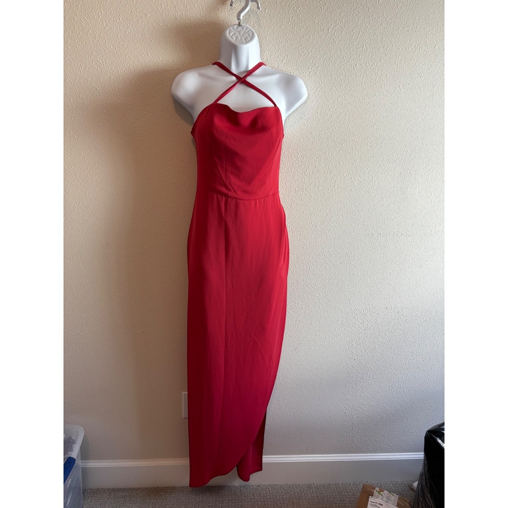 BCBGeneration Maxi Gown 8 Red Cowl Neck Crisscross Halter Formal Dress NWT